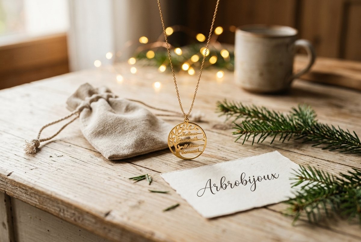 Collier arbre de vie doré avec prénoms et sa pochette en lin, posés sur une table en bois pour un cadeau de Noël