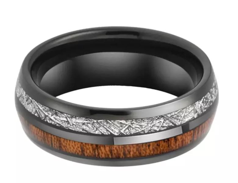 Bague en tungstène, insert météorite et bois