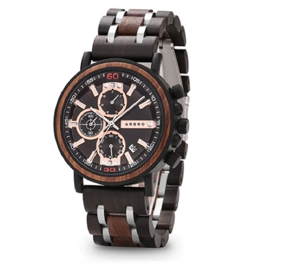 Montre chronographe homme en bois et acier inoxydable