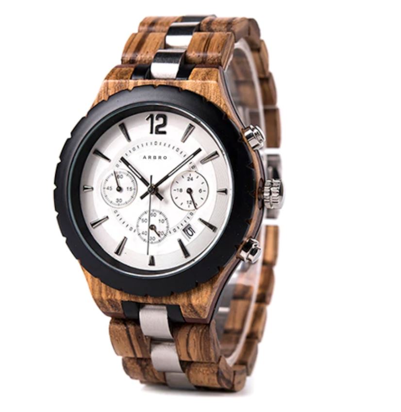 Montre chronographe en bois et acier
