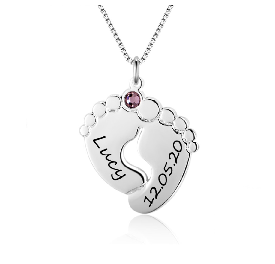 Collier personnalisé pierre de naissance pieds bébé