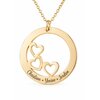 Collier cercle de coeurs prénoms couleur or, 3 prénoms gravés