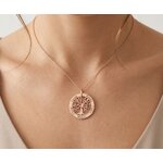 Femme portant un collier arbre de vie personnalisé avec prénoms gravés, or rose