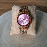 Montre en bois femme cadran rose brillant