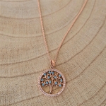 Collier arbre de vie bleu et or rose