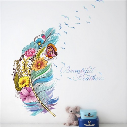 sticker plume papillon autocollant oiseaux fleurs decoration murale chambre salon
