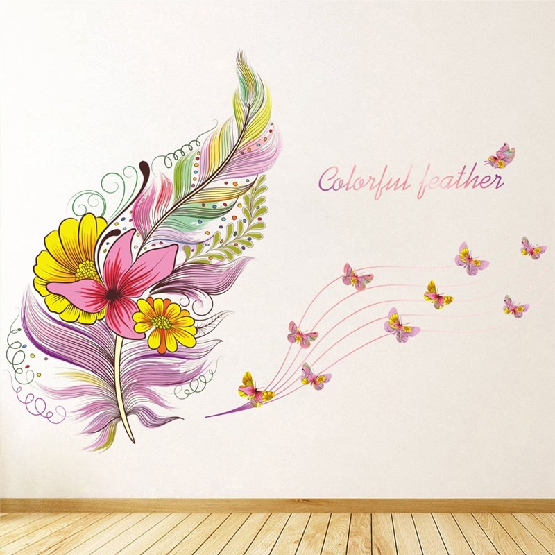decoration oiseaux fleurs plume papillon murale autocollant chambre salon sticker