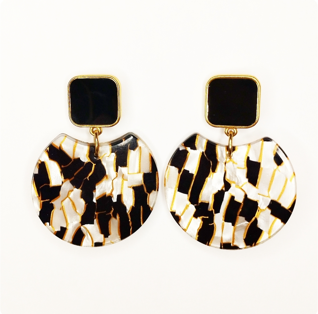 Boucles D'oreilles Géométriques écaille Tortue Léopard - Noir Et Blanc, Acrylique, Léger, Pour Femme