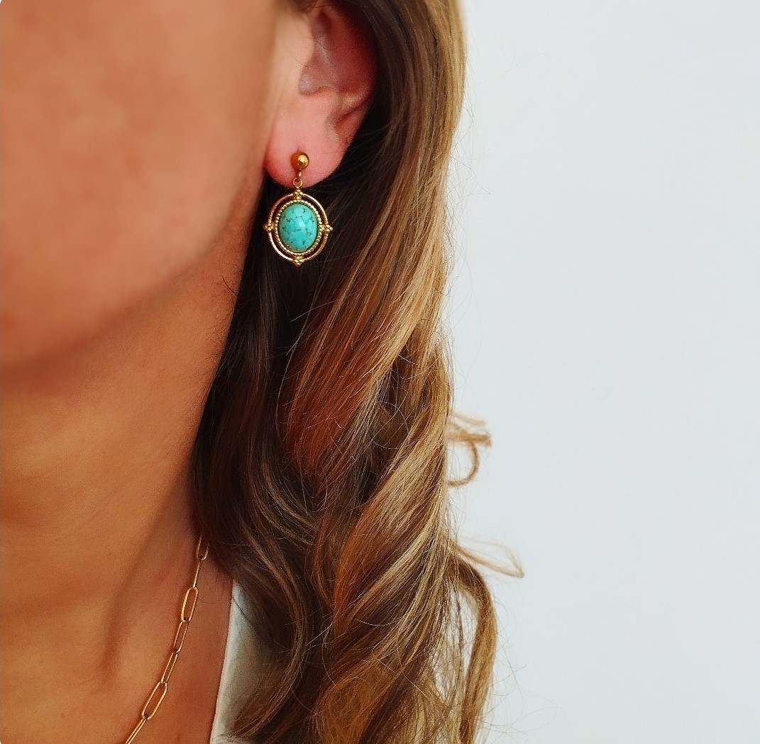 Boucles d'oreilles acier inox et pierre turquoise (2)