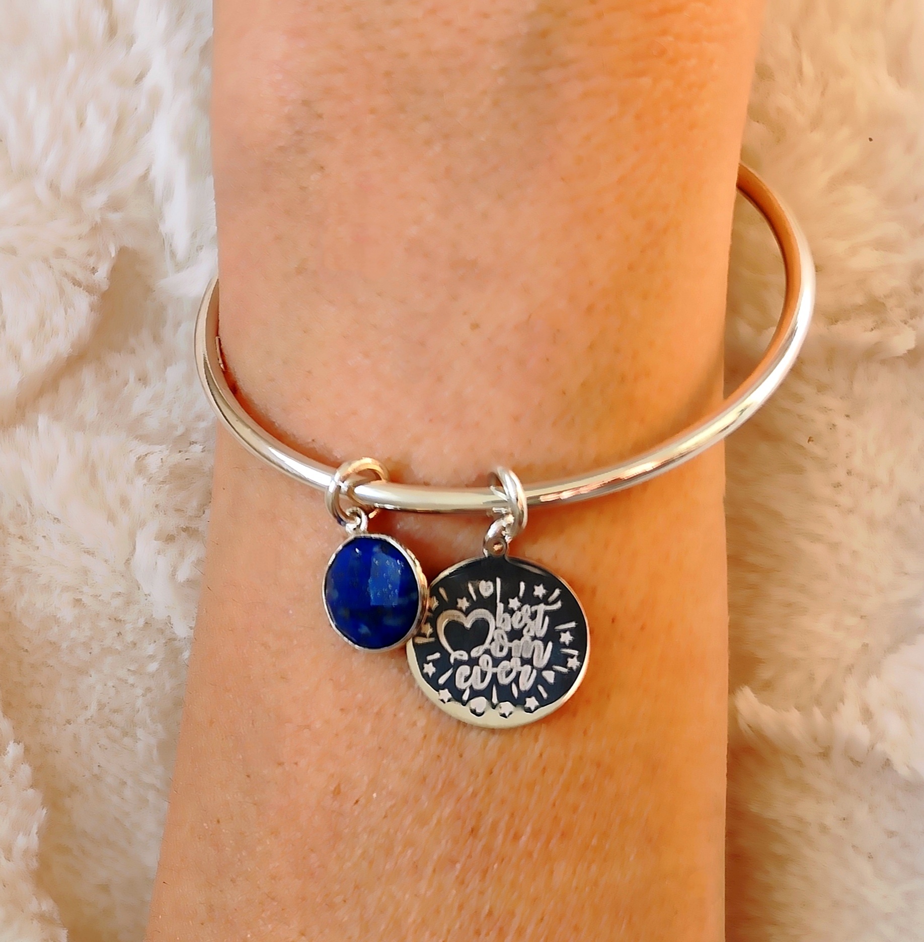 Jonc Best Mom ever et pendentif Lapis Lazuli argent 925