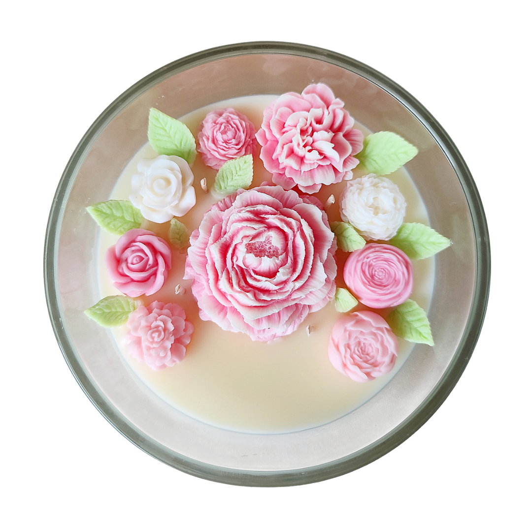 Eternal Blossom - Bougie vase rond fleuri fond blanc