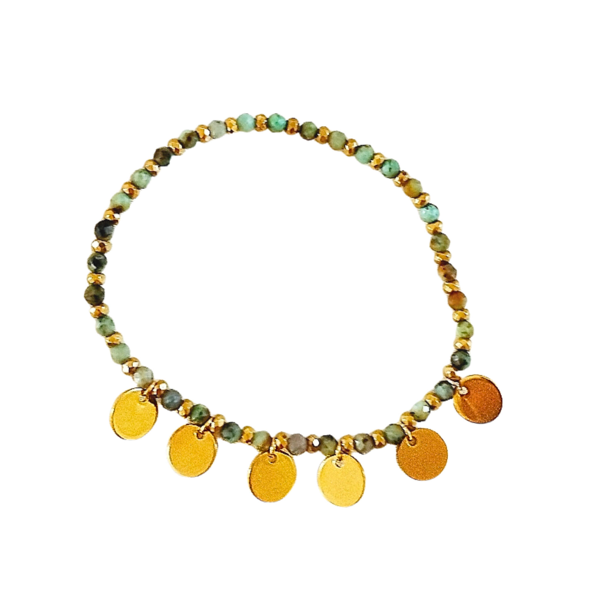 bracelet turquoise africaine hématites et 6 pampilles en acier inoxydable