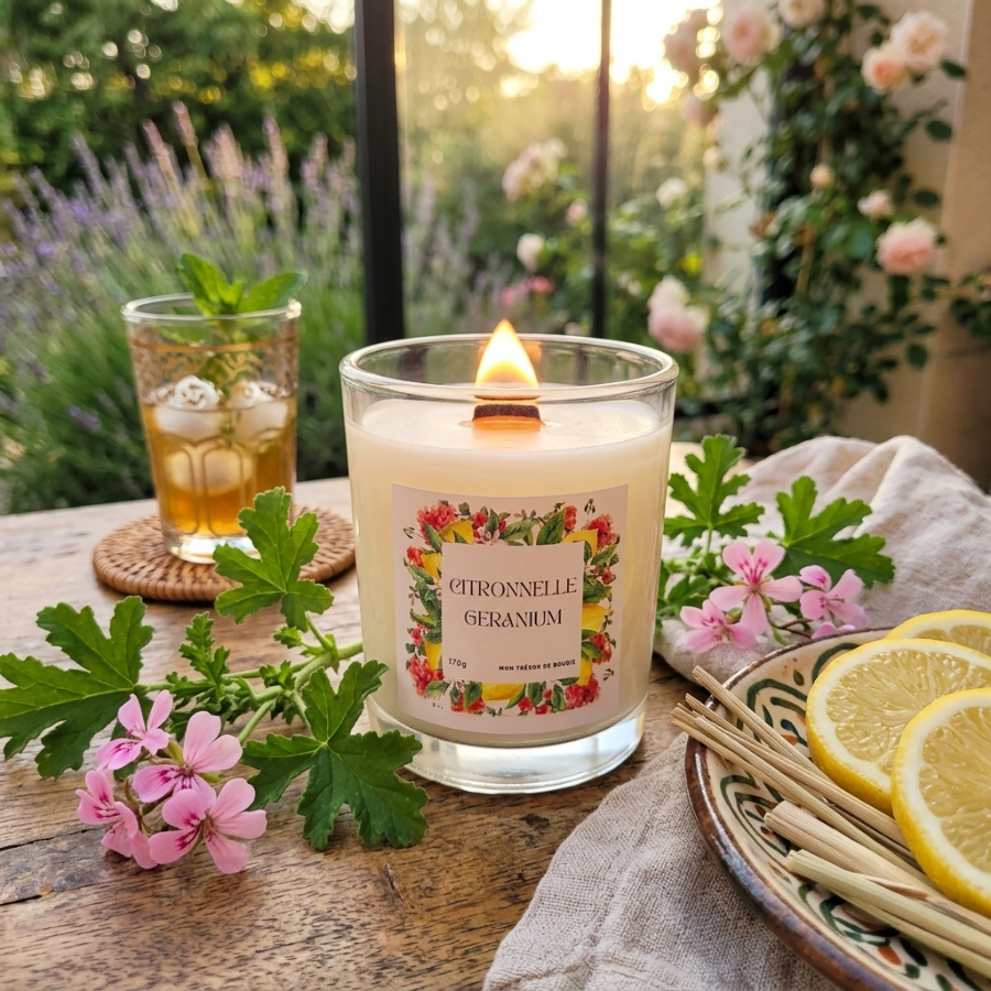 Bougie anti moustique citronnelle géranium