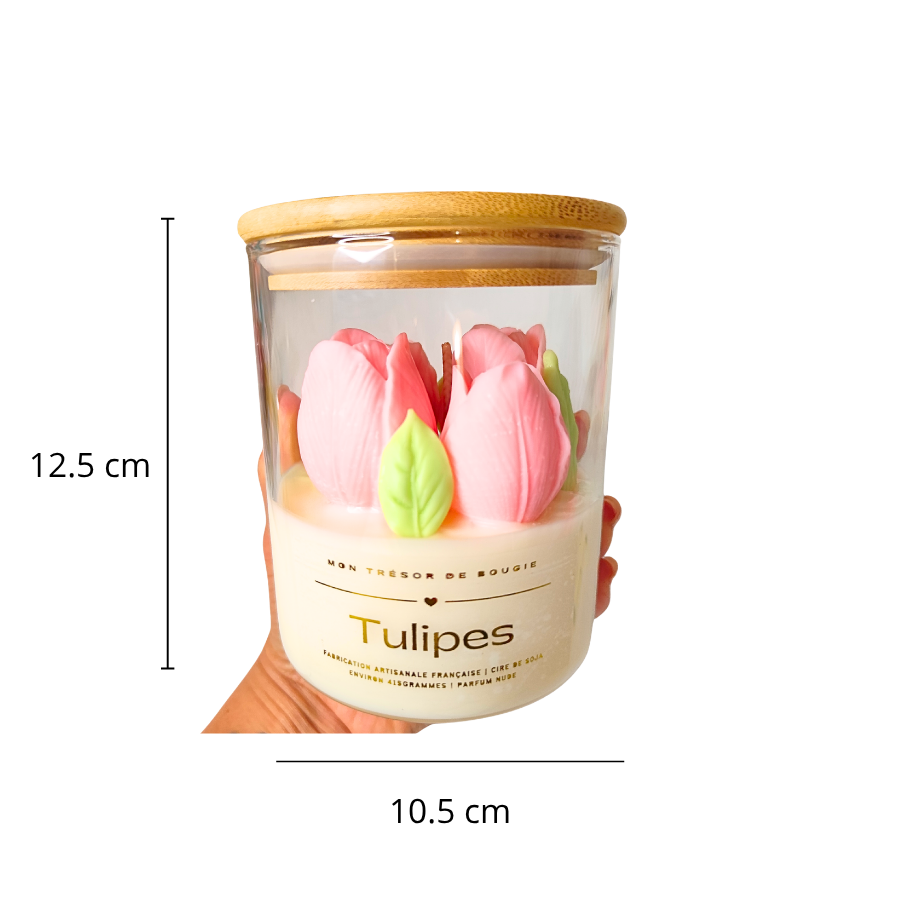 Bougie tulipe bocal en verre couvercle en bois parfum Nuage de Coton dimensions