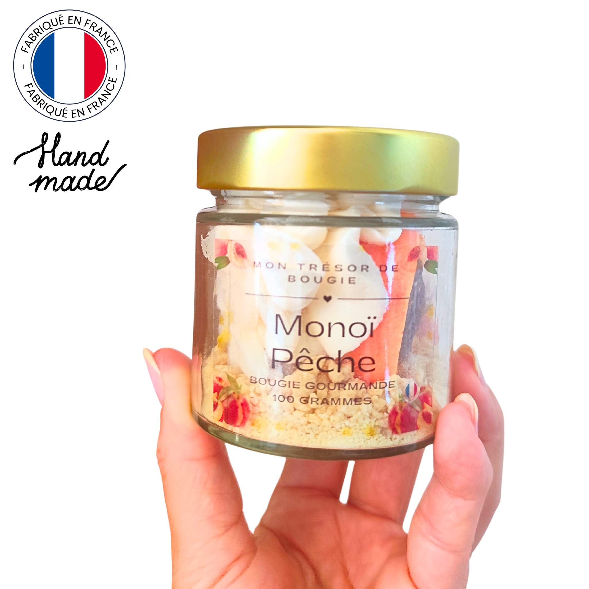 Bougie chantilly - Bougie Gourmade parfum monoï pêche Cire de soja parfum de Grasse sans CMR 100g (1)