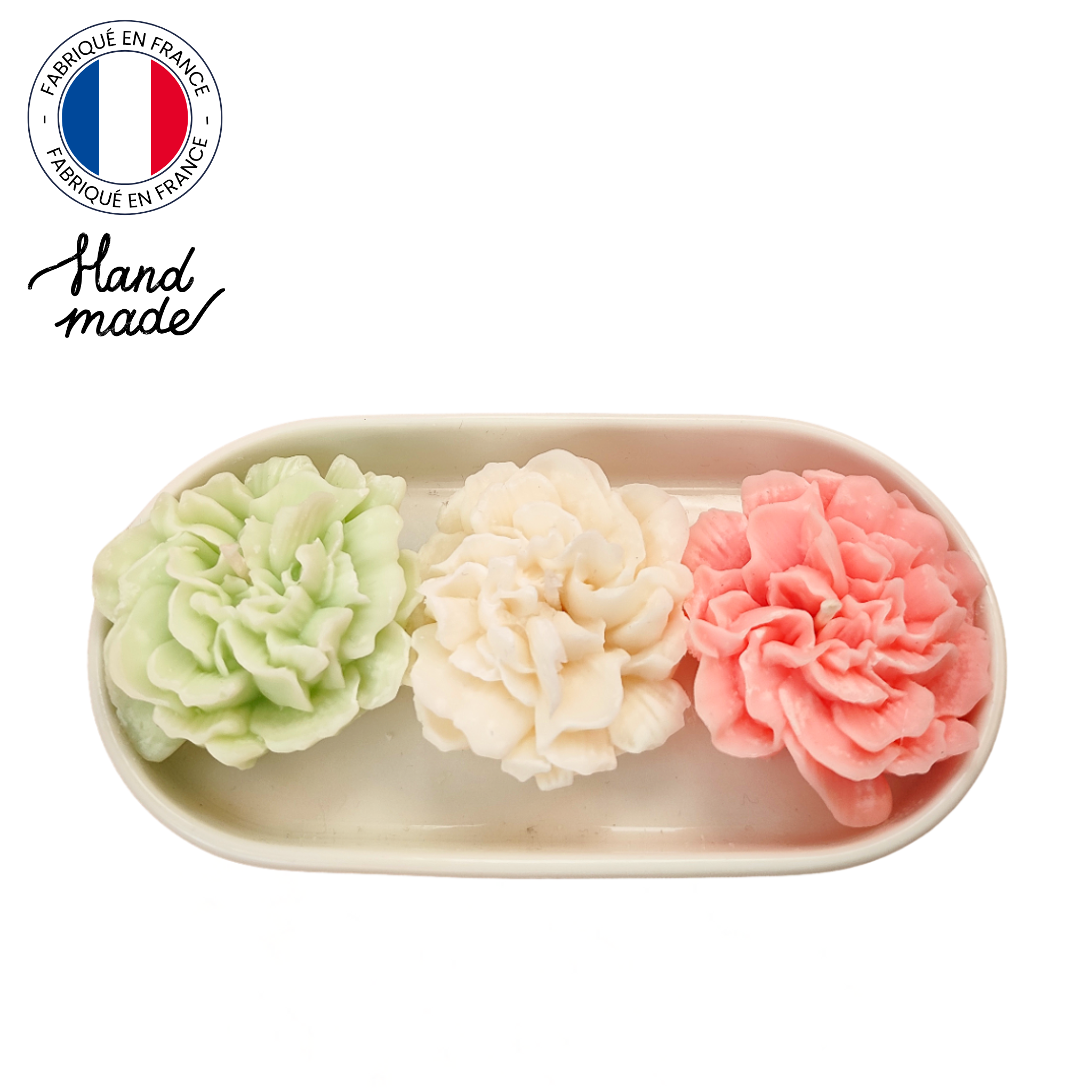 Blossom 3 - Bougie en cire de soja parfum de Grasse - 3 oeillets dans une coupelle blanche (2)