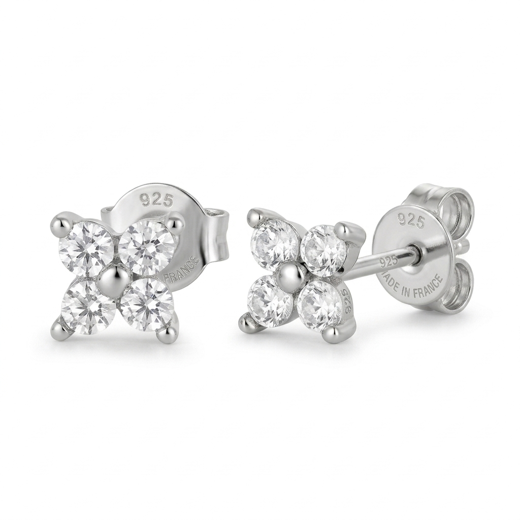 Boucles doreilles puces en forme de fleurs argent