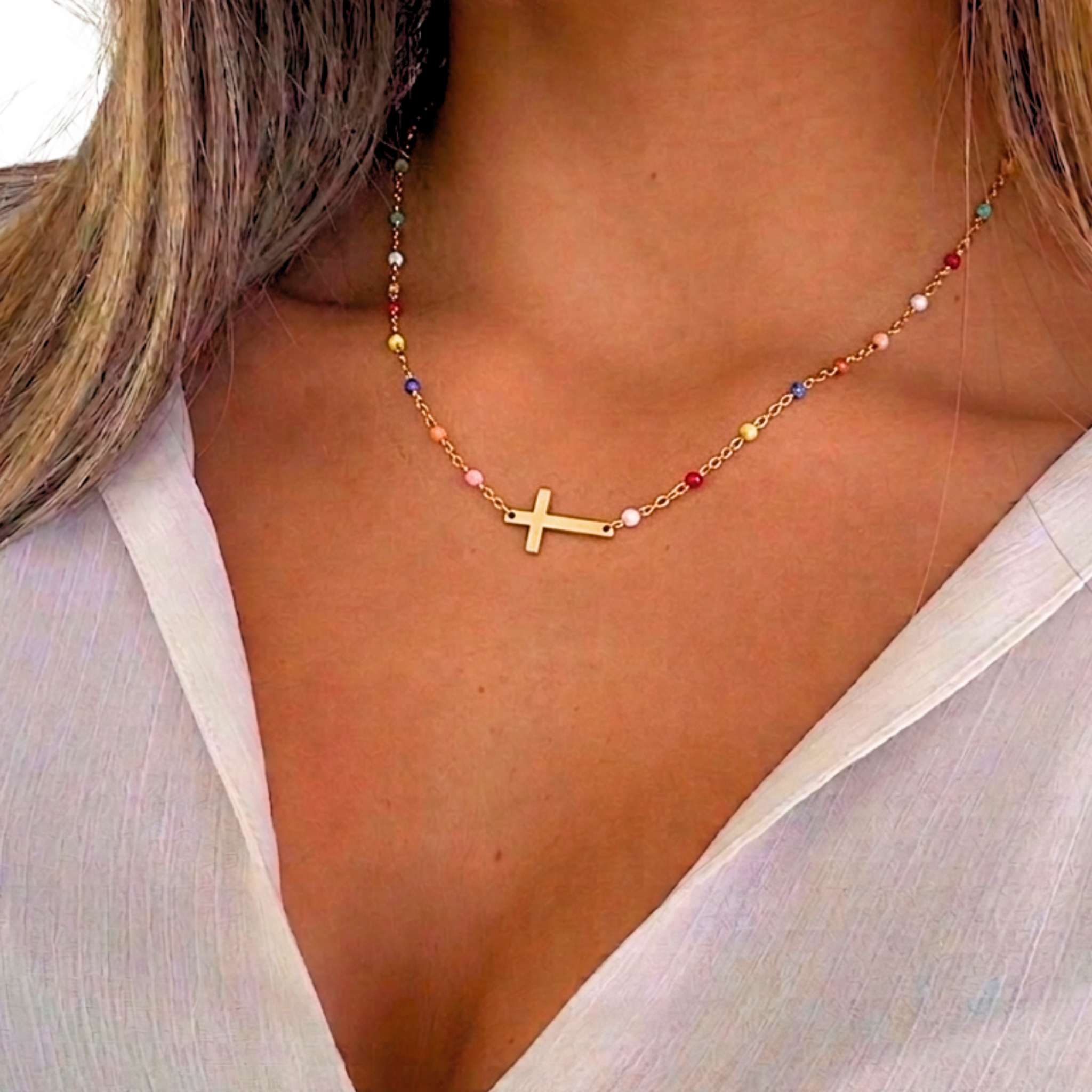 collier chaîne boule et croix acier inoxydable (1)