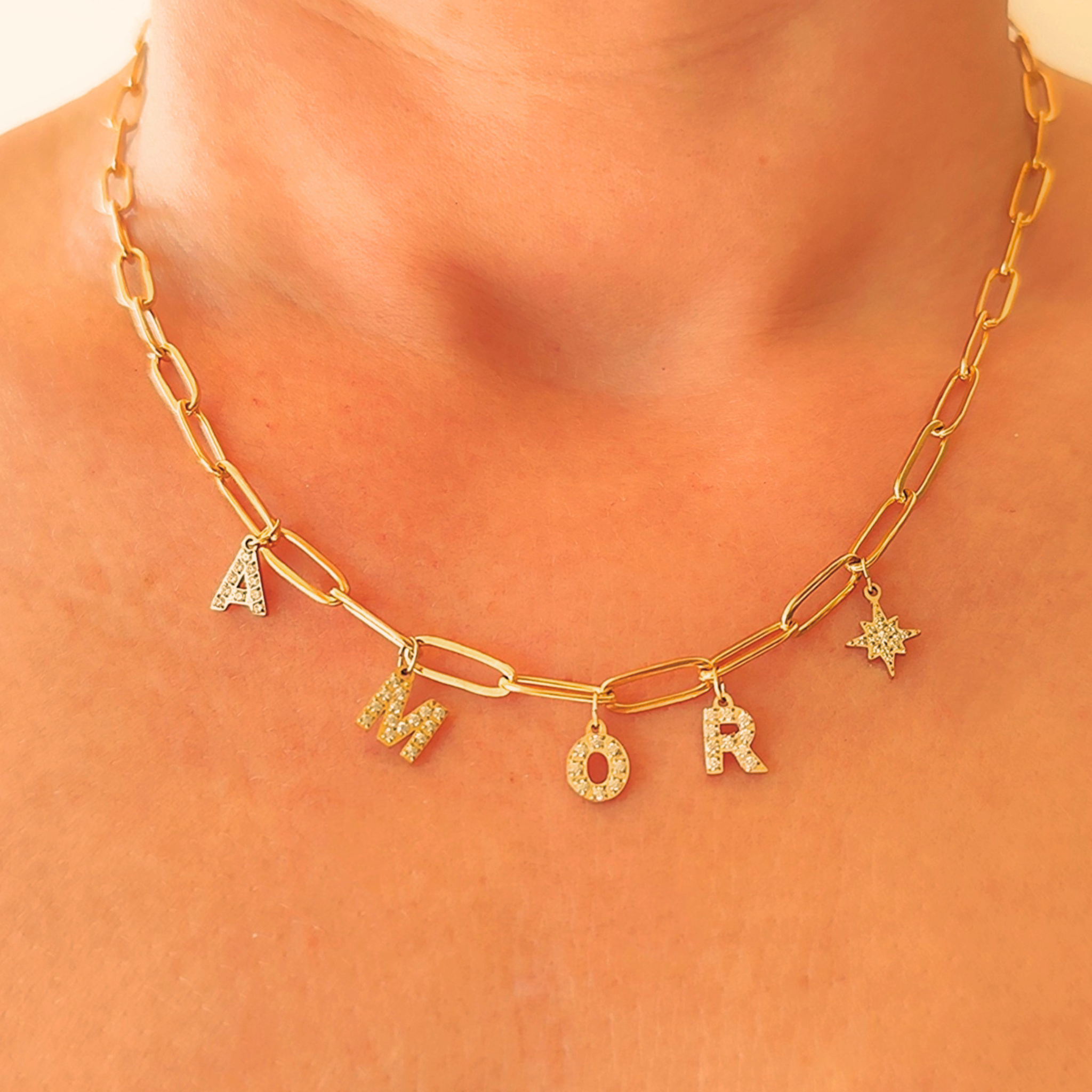 Collier personnalisable acier inoxydable chaine grandes mailles lettres strass (1)