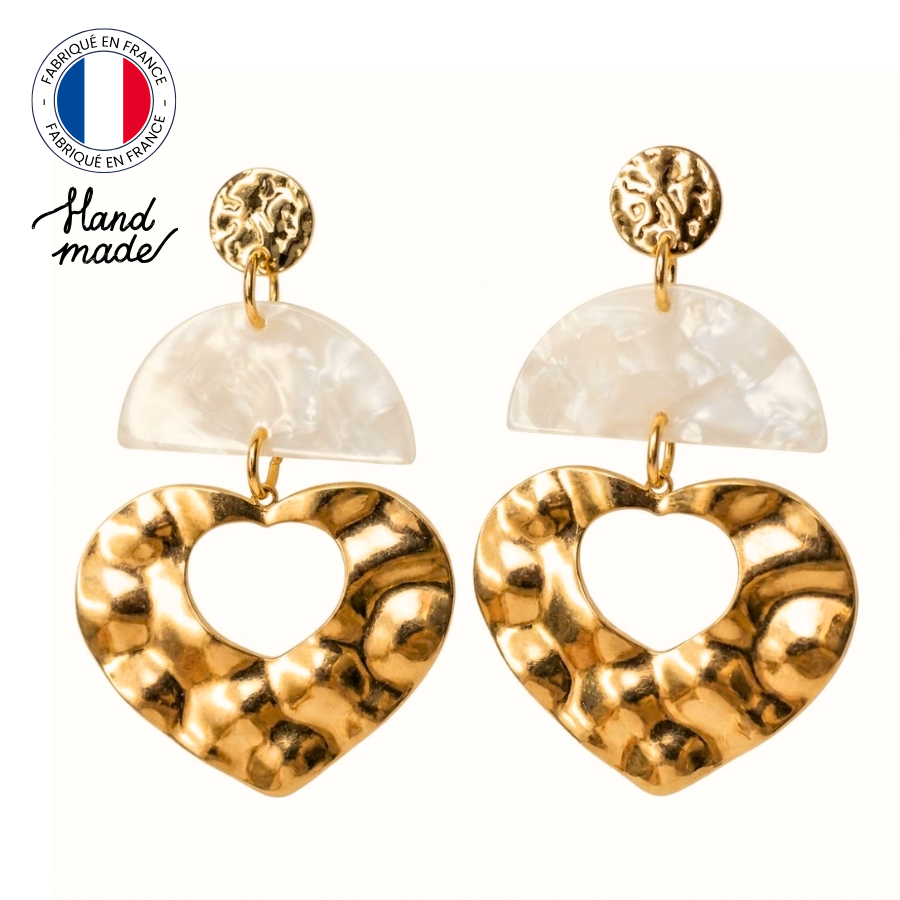 Boucles doreilles écailles de tortue ivoire et coeur acier inoxydable (2)