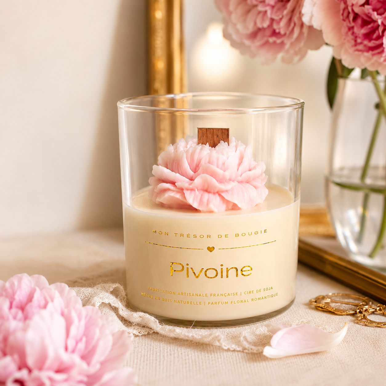 Bougie pivoine couvercle en bois parfum fleur doranger