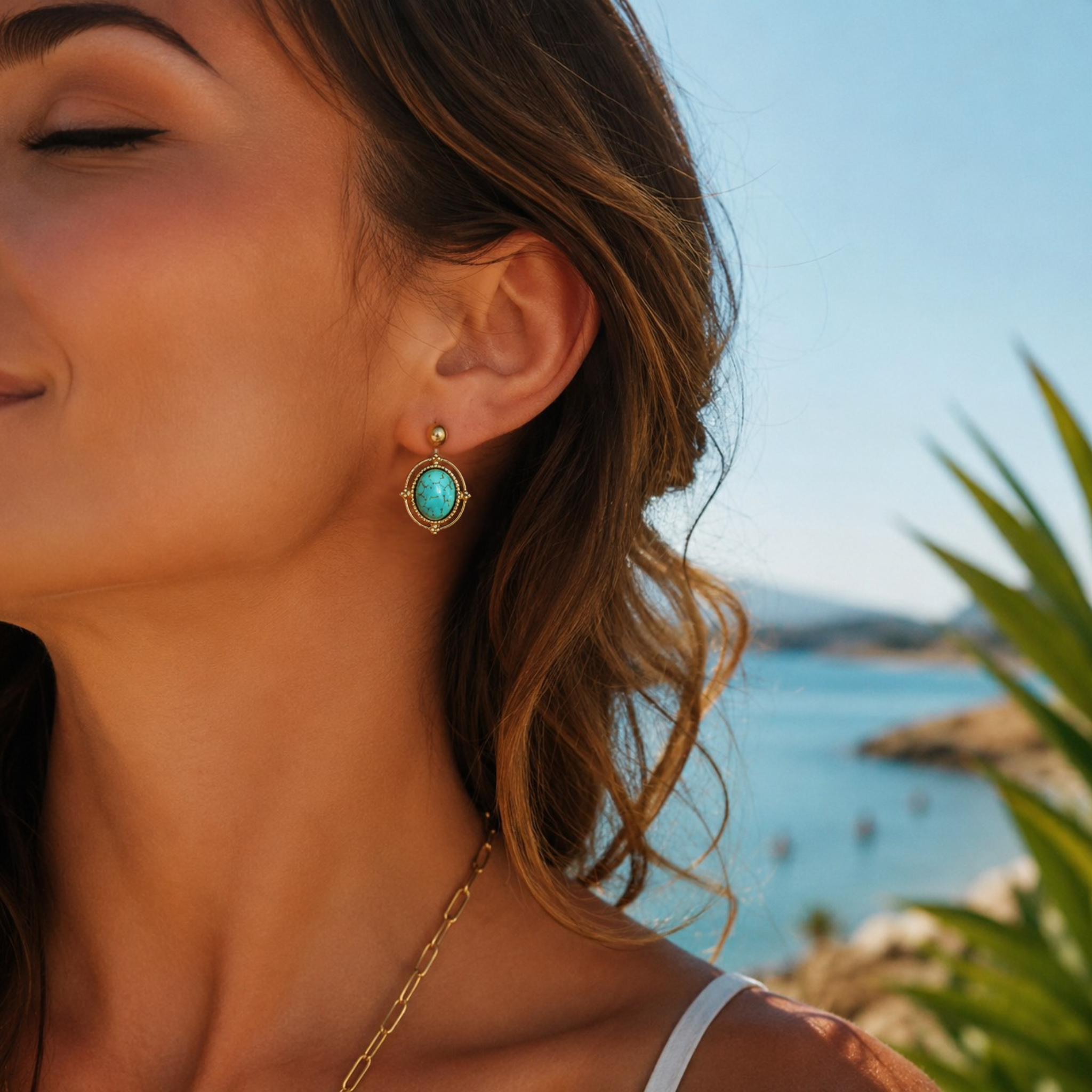 Boucles doreilles tendances acier inoxydable et pierre de turquoise
