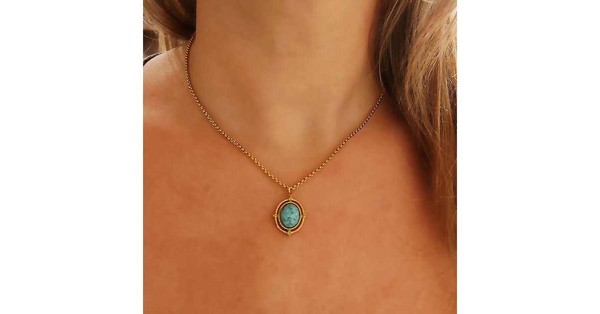 Pendentif Breloque Turquoise Naturelle En Or 18k Massif – Fait Main, Inde