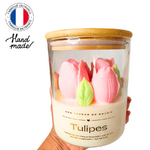 Bougie tulipe bocal en verre couvercle en bois parfum Nuage de Coton (1)
