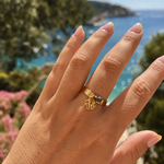 Bague acier inoxydable pampille ronde martelée et pierre ronde semi-précieuse