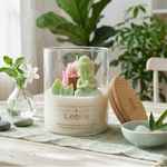Bougie Lotus, decor bouddha et lotus bocal en verre et couvercle bois 400g cire de soja parfum de Grasse (1)