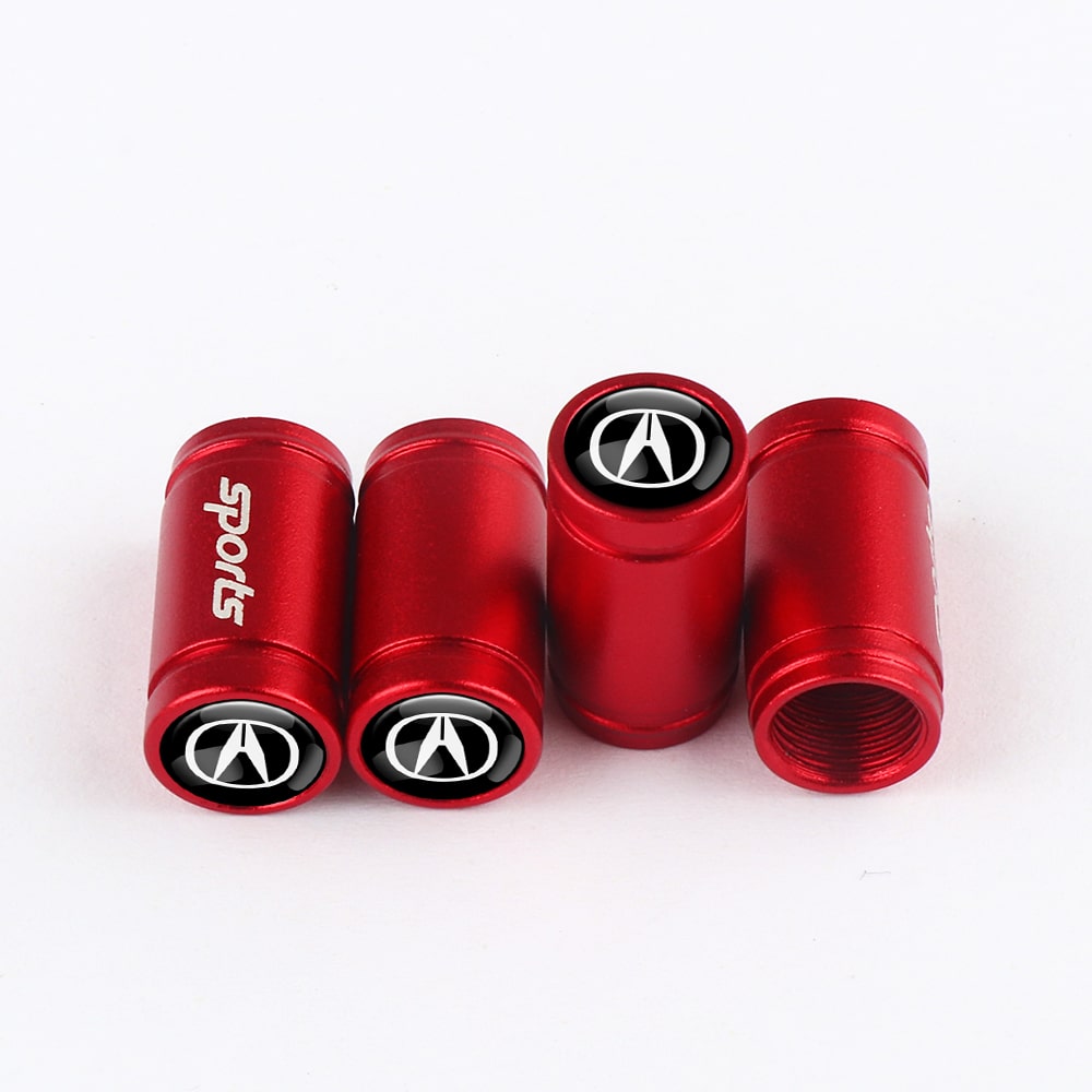 Pack de 4 embouts de valve sport rouges ACURA disposés sur fond blanc