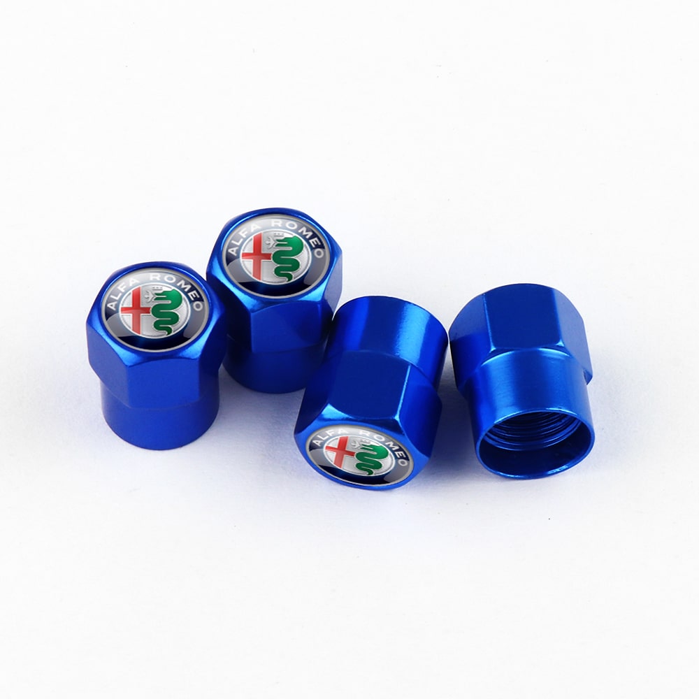 Lot de 4 bouchons de valve bleus avec logo Alfa Romeo sur fond blanc