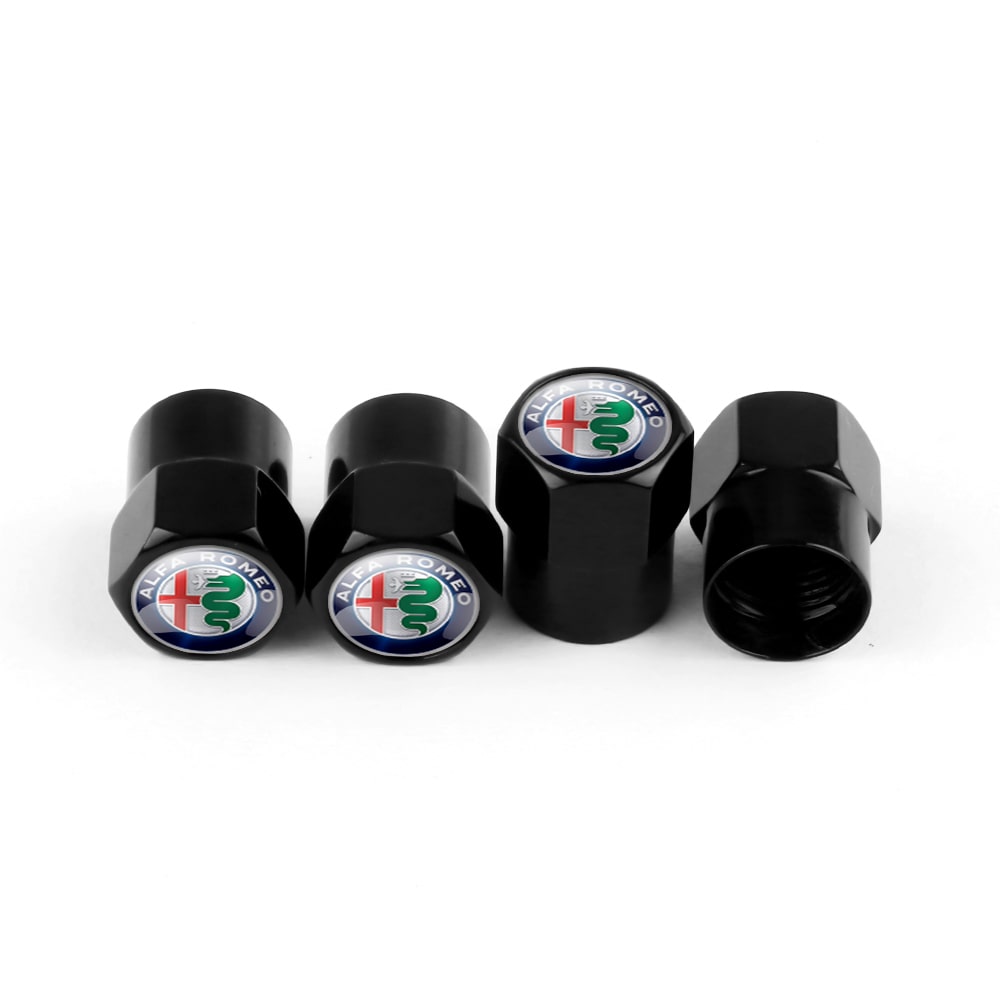 Bouchons de tige de valve noirs avec logo Alfa Romeo sur fond blanc