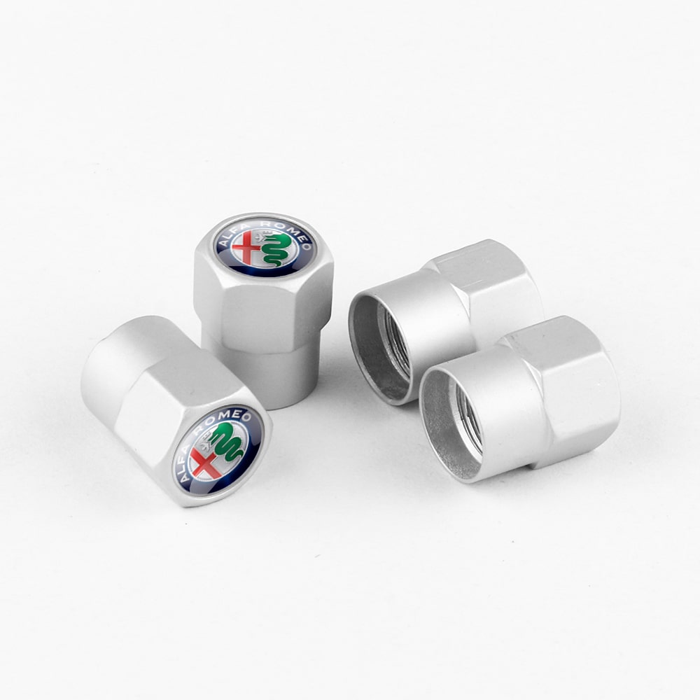 Embouts de protection pour valve argents avec logo Alfa Romeo, pack de 4