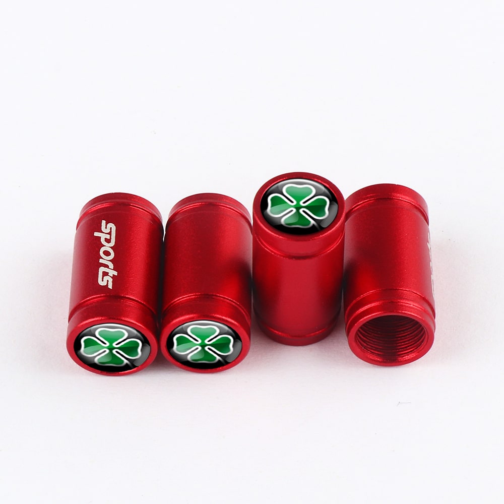 Embouts de valve rouges "Sport" avec logo quadrifoglio, lot de 4 sur fond blanc