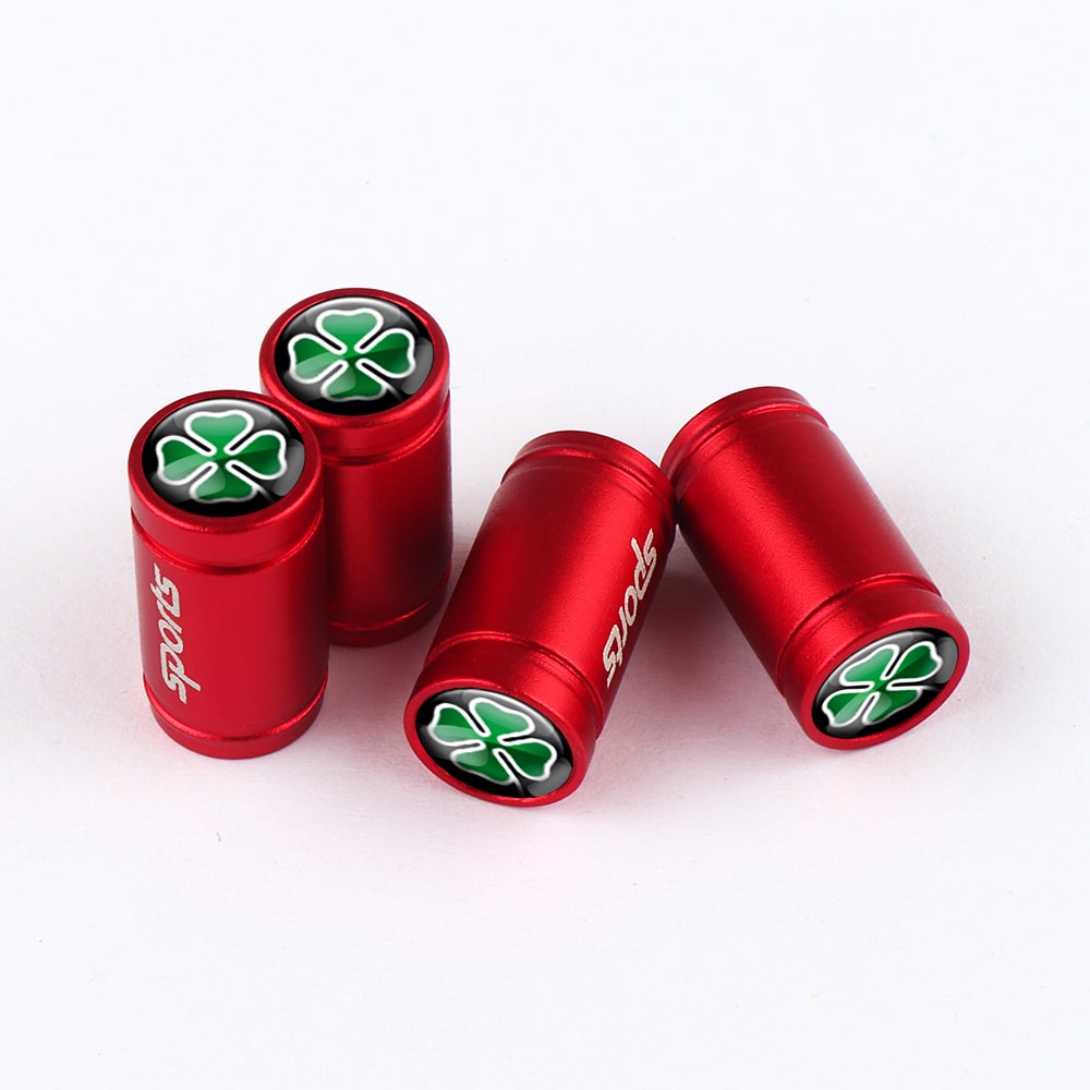 Cache-valves rouges "Sport" avec logo quadrifoglio, lot de 4 sur fond blanc