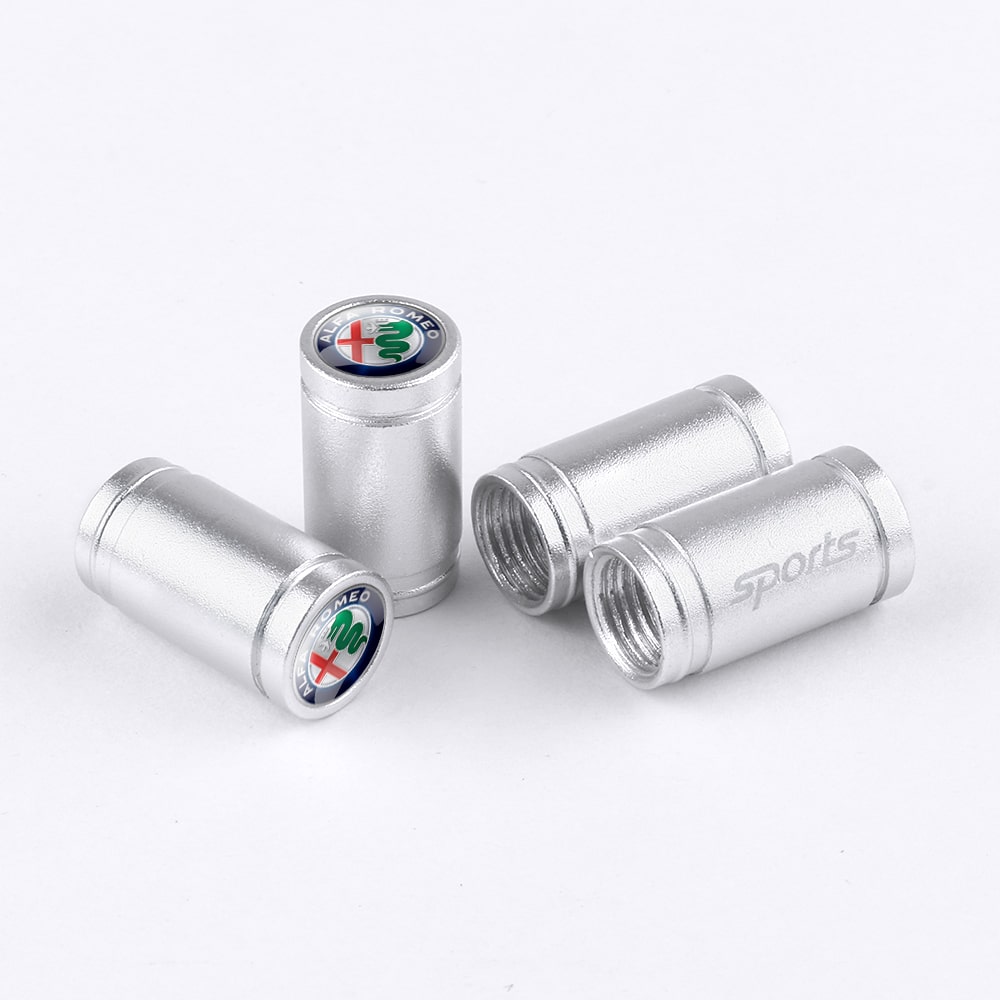 Bouchons de valve "Sport" argentés avec logo Alfa Romeo sur fond blanc