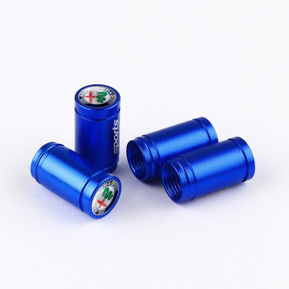 Bouchons de valve "Sport" bleus avec logo Alfa Romeo sur fond blanc.blue04-min