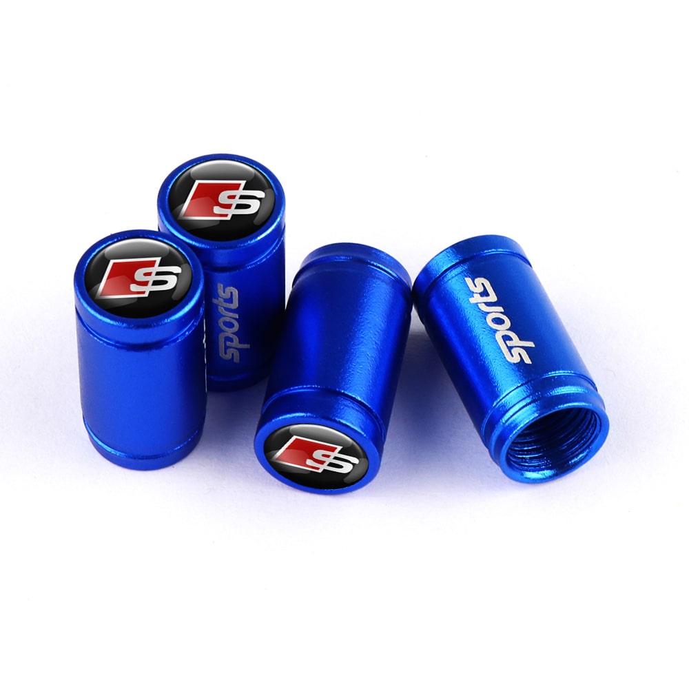 Lot de 4 embouts de valve bleus Sport avec logo Audi S sur fond blanc, protège-valves pour voiture