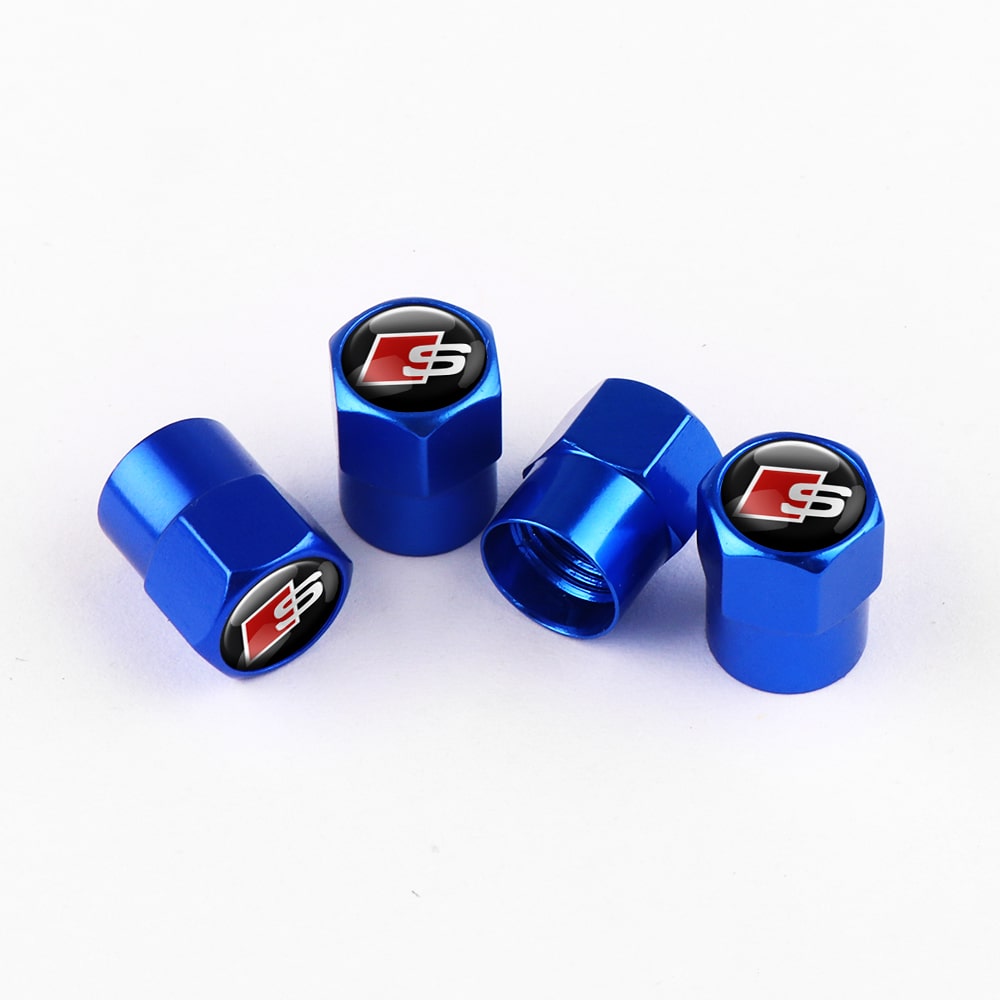 Ensemble de 4 embouts de valve bleus avec logo Audi S sur fond blanc, protection élégante pour valves de roue