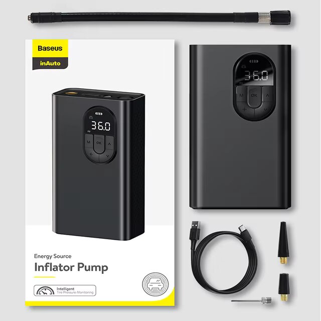 Pompe à air portable Baseus affichée avec son emballage, câble de recharge et accessoires de gonflage
