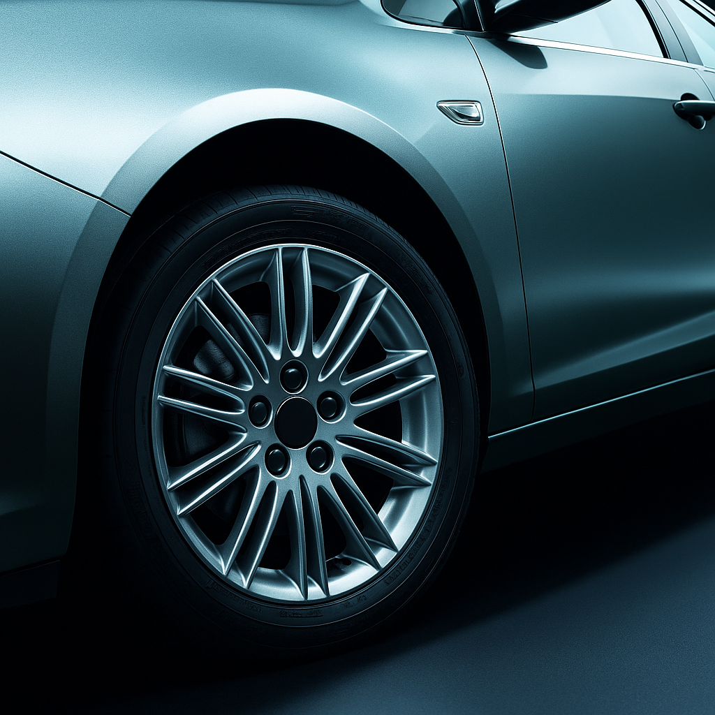 Cache-moyeu noir lisse installé sur une jante aluminium moderne d’une voiture, présentant un style propre et uniforme.