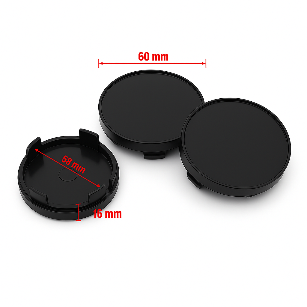 Cache-moyeu noir 60 mm avec dimensions 60 mm, 56 mm et 16 mm indiquées