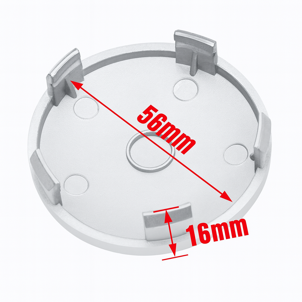 Dos de cache-moyeu argenté universel avec clips et dimensions internes 56 mm et 16 mm