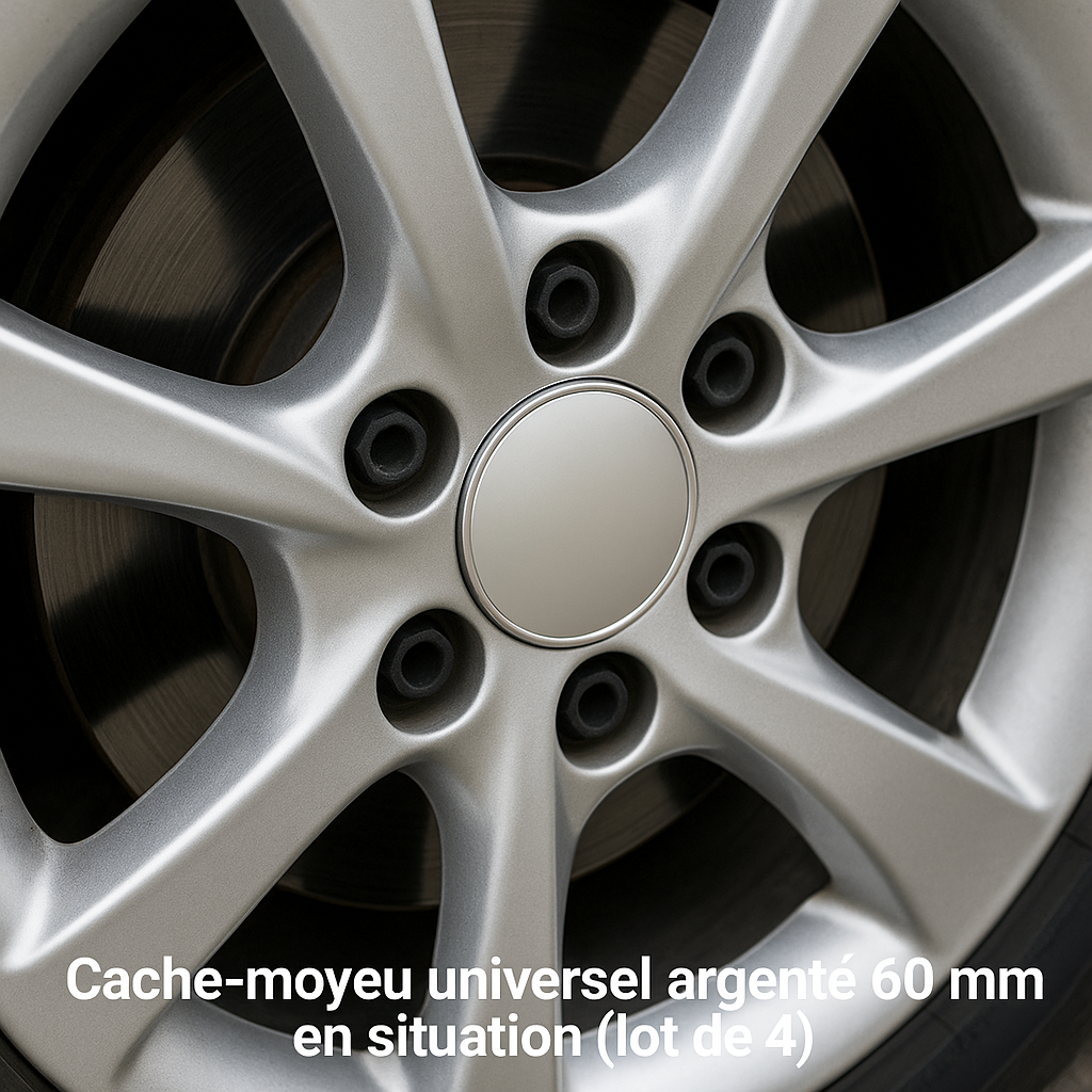 Cache-moyeu universel argenté 60 mm installé sur jante voiture – finition lisse et reflet métallique