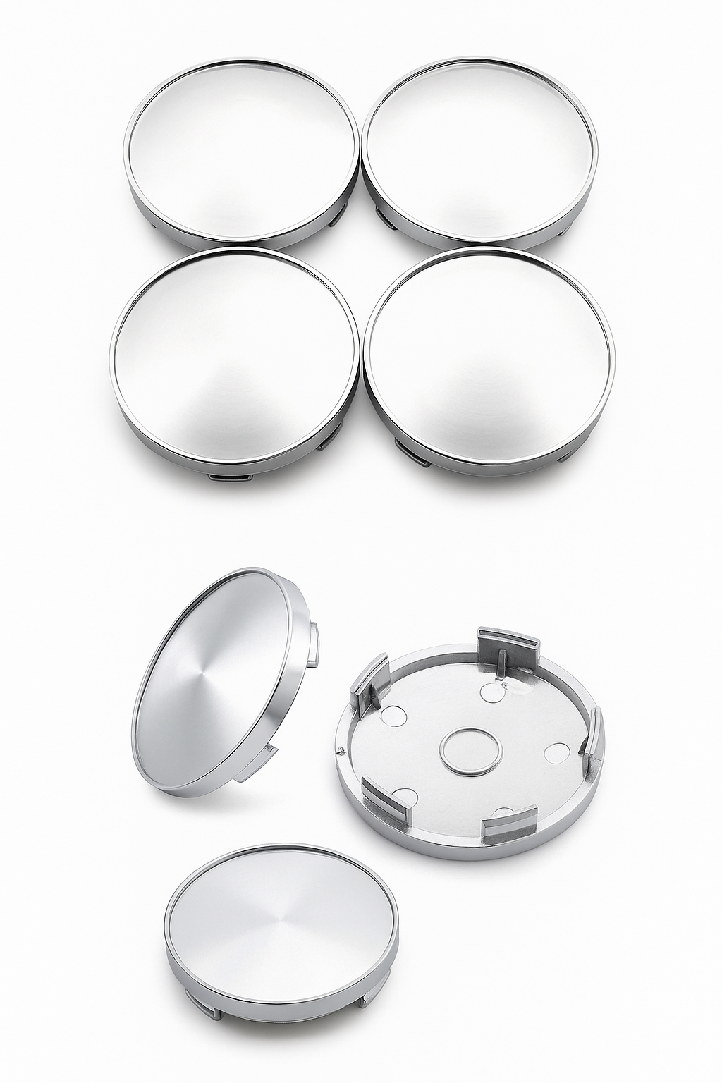 Cache-moyeu universel argenté 60 mm vu sous plusieurs angles, face avant, profil et fixation arrière (lot de 4)