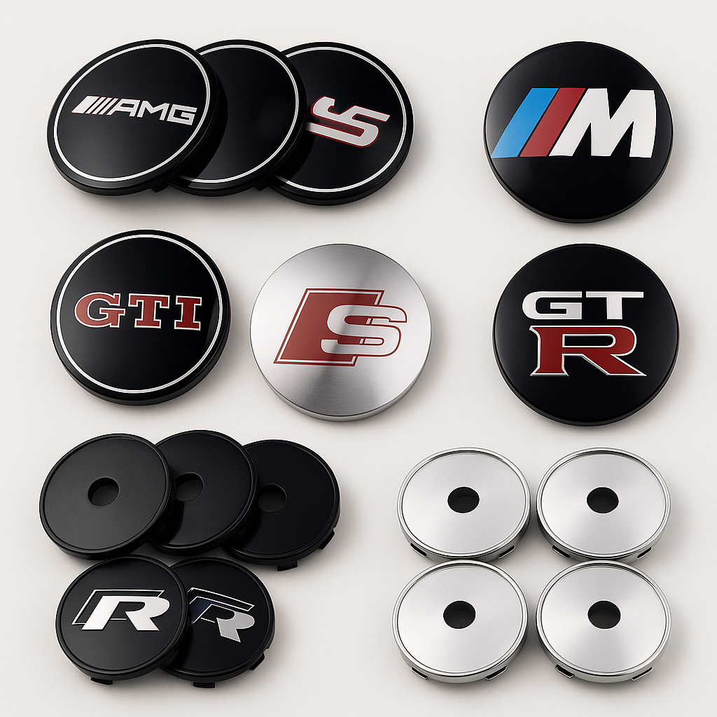 Ensemble de caches-moyeux sport racing noirs et métallisés, présentant plusieurs designs agressifs et finitions dynamiques pour jantes de voiture
