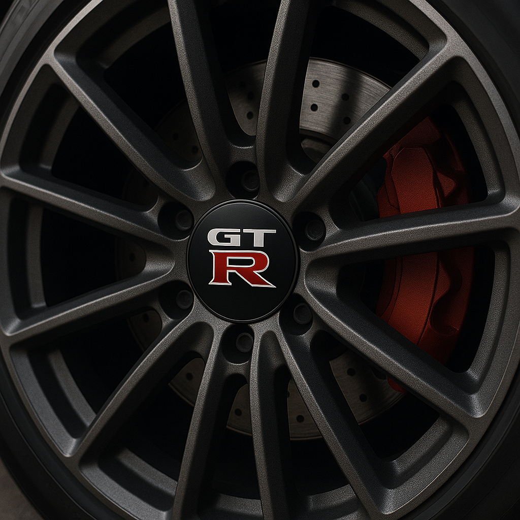 Gros plan sur une jante sport en alliage avec cache-moyeu GT-R et étrier de frein rouge, style racing haute performance