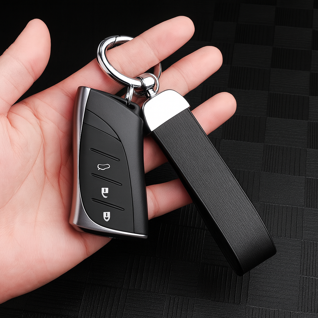 Main tenant une clé de voiture noire attachée à un porte-clés en cuir noir, avec anneau métallique argenté