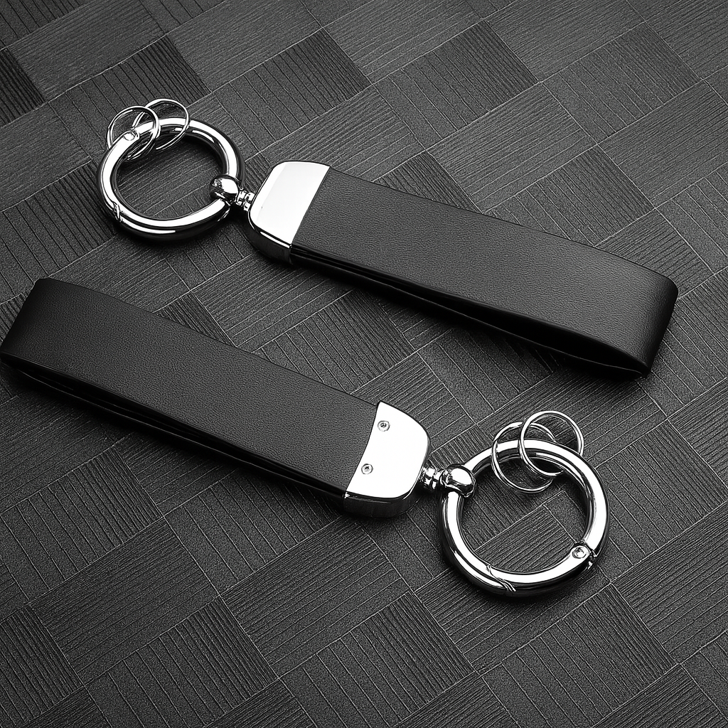 Deux porte-clés en cuir noir, dotés d’anneaux métalliques argentés, posés sur une surface texturée gris foncé